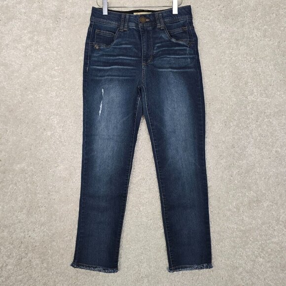 Democracy Jeans Womens 2 Blue Tapered Ab Technology Stretch Distressed Raw‎ Hem - Picture 1 of 13